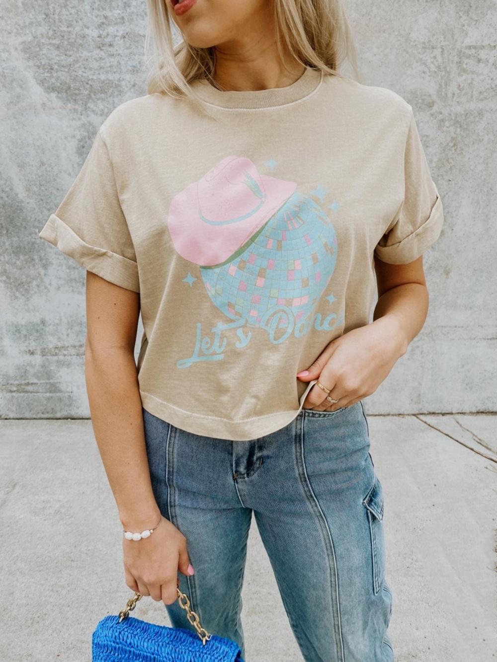 Girl Dangerous Large Boxy Crop Distressed Wash Cowgirl "Let's Dance" Graphic Tee